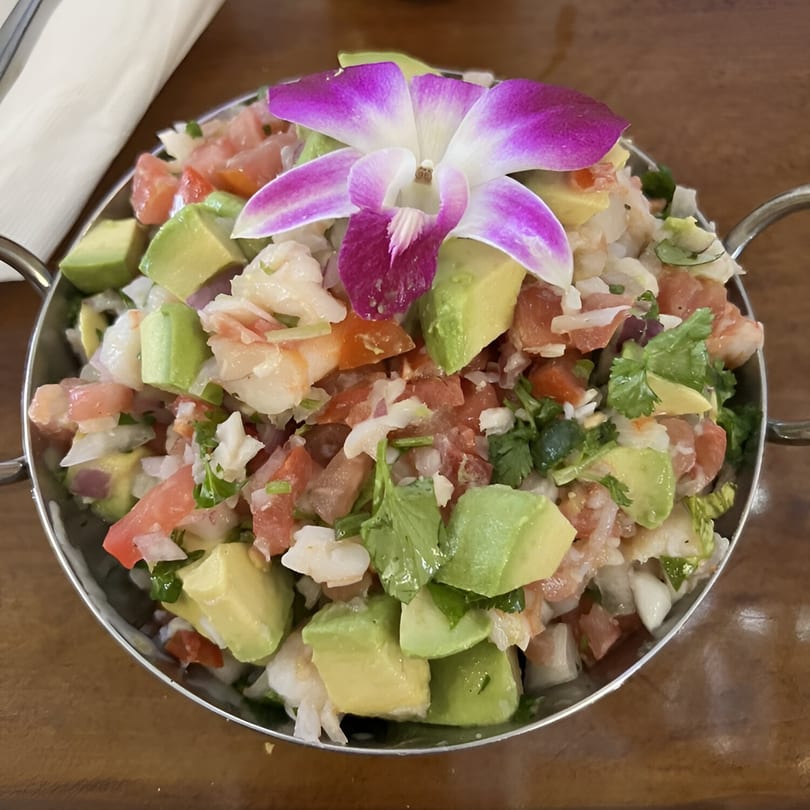 Mexican ceviche with shrimp, avocado, tomatoes, onions, and cilantro, garnished with a purple orchid.